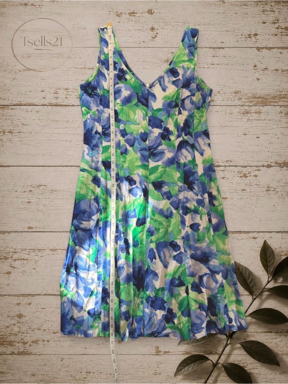 Chaps 98% Cotton Blue/Green Watercolor Floral Midi Dress - Picture 8 of 8